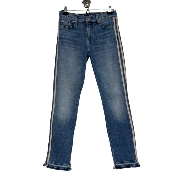 7 For All Mankind Roxanne Ankle Light Wash Slim Racing Stripes Denim Jeans 27 - Picture 1 of 11
